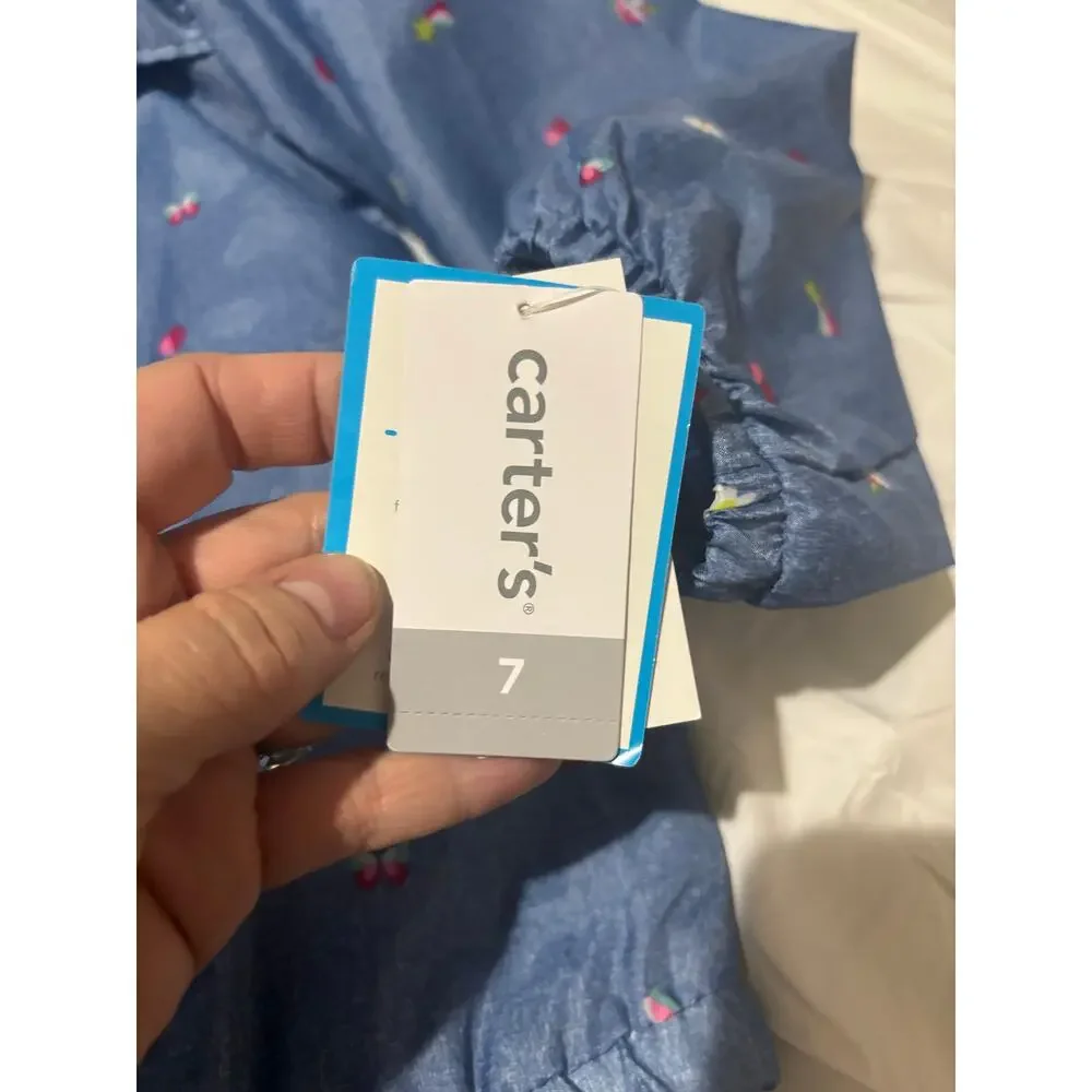 Carter’s 7 blue denim look windbreaker ruffed printed hearts rainbow nwt